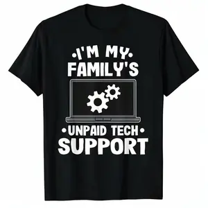 Men's Oversized Cotton T-Shirt - "I’m My Family Free Tech Support" Graphic, Funny Computer Engineer Casual Short-Sleeve Print Streetwear, Cute Gift For Him