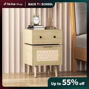 【Back to School】EBELLO Rotating Nightstand with Woven Doors, 23" Tall Modern End Table with Swivel Function for Bedroom or Living Room