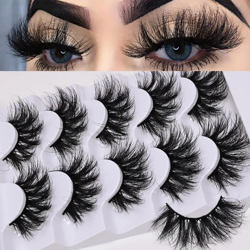 Fluffy False Eyelashes, 5 Pairs Thick Long Fake Eyelashes, Eyelash Set, Artificial Lashes, Natural Curling Eye Makeup Strip Lashes, Volumized False Eyelashes, Volume Lashes for Women and Girls