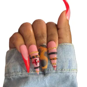 Wild Temptation Red Black & Leopard Print Curved Stiletto Press-On Nails for Fierce Glamour & Bold Sophistication