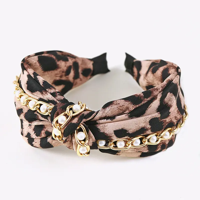Leopard Print Wide Knotted Headband For Women, Gold Chain Pearl Cross Twist Hair Band, Vintage Retro Non Slip Padded Head Hoop, Fashion Daily Makeup Washing Face Hair Accessory, Y2K Trendy Chic Outfit Decor