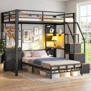 AOGLLATI Bunk Bed Twin Over Twin with 6 Storage Drawers and Desk Metal LED Loft Bed with Charging Station and Side Bag Hanging Rod Stair and Guardrail
