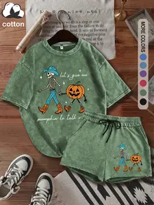 Women's suit, Halloween party let's give 'em pumpkin to talk about print pattern, casual sports style, women's four-season short-sleeved and stretch shorts suit, washed and distressed style casual two-piece suit