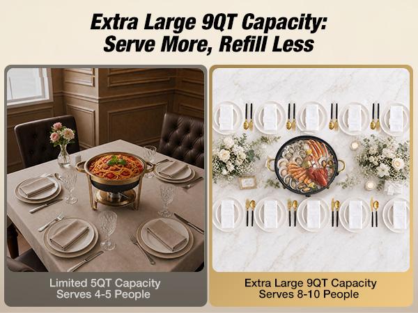 WARMOUNTS 9QT Gold Round Chafing Dishes Display Set - Maifanite-Coated Stainless Steel Food Warmers with Glass Lid Holder, Rolled-Edge Design, Stackable Storage for Catering Events, Maifanite Coat, Round Shape