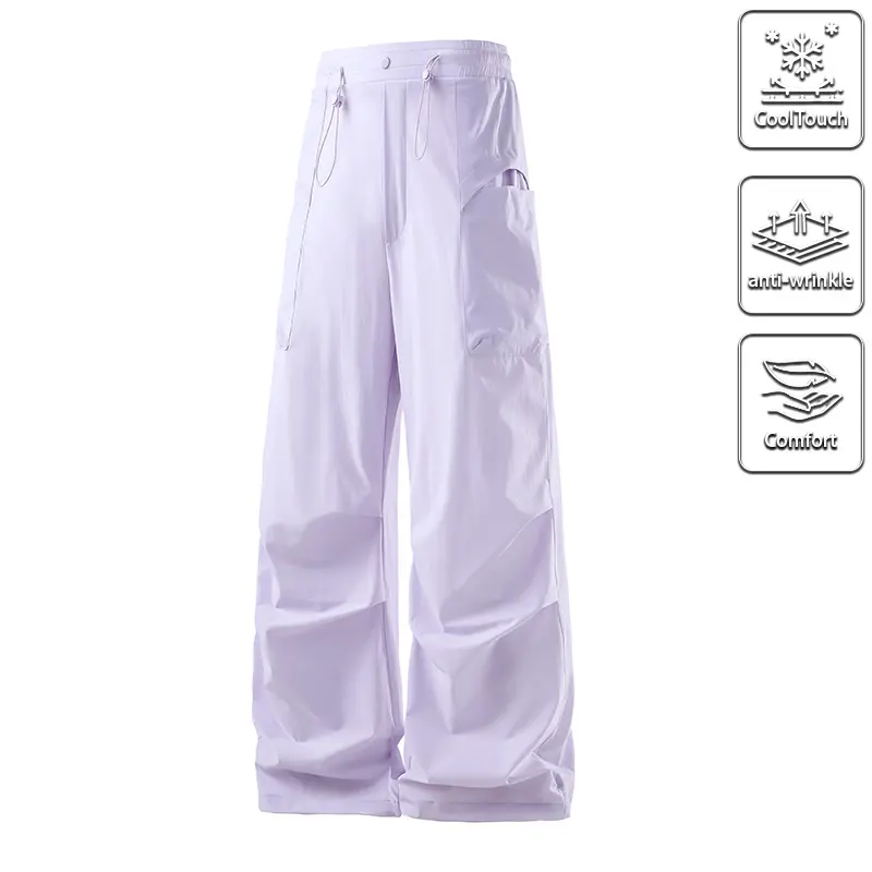 Men's Parachute Fabric Adjustable Wide-Leg Cargo Pants - Casual Style, Multi-Size, Breathable, Lightweight, Anti-Wrinkle, Cool-Touch Pocketed Bottoms for Summer Streetwear Comfort (Note: "women" included per mandate despite men's core product focus)