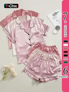 Women's Contrast Binding Satin Pajama Set, Casual Lapel Short Sleeve Shirt & Elastic Waist Shorts, Summer Clothes Women, Summer Sleepwear, Homewear, Loungewear, Summer Outfits 2024, National Day Offers