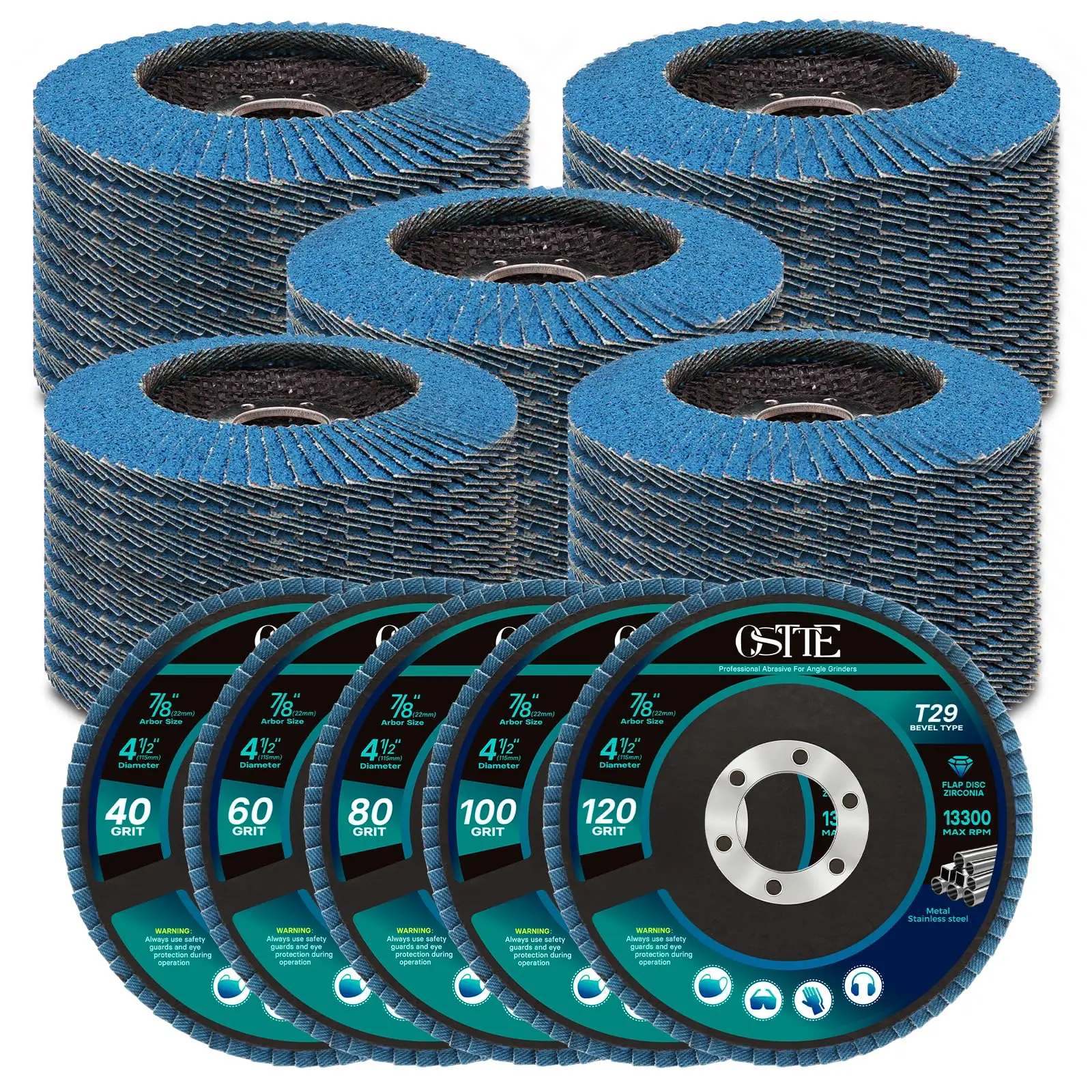 50 Pack 4-1/2" Flap Discs Assorted Grit, 7/8" Arbor | 40/60/80/100/120 Grit Mix, Zirconia Abrasive for Metal/Stainless Steel/Wood, Fast Removal to Fine Finishing, Bulk Value Set