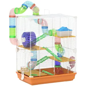 PawHut 18" 5 Tier Hamster Cage with Tubes and Tunnels, Small Animal Cage with Portable Carry Handle, Gerbil Cage with Water Bottle, Food Dish, Exercise Wheel, Light Blue