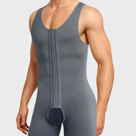 Men's Plus Size High Compression Bodysuit Shapewear, Tight Sports Style, Sleeveless Tummy Control Shaper with Front Hook-and-Eye Closure, Supportive Shapewear for Fitness Training, Sport Workout Shapewear