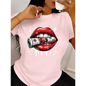 100% Cotton, Red Lips Dollar Print T-Shirt, Casual Short Sleeve Round Neck Top, Fashionable All-Season Women's Clothing, Comfortable Wear, Gift, Holiday Gift