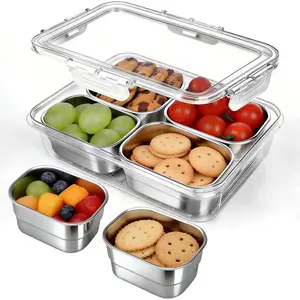 Clear Divided Serving Snack Tray with 4 Removable Stainless Steel Containers, Leak-Proof Snack Container with Lid for Wet/Dry Food Fruit Veggie Candy, Perfect for Beach Picnic