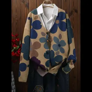 New[Plus Size] Floral Print Button Cardigan, Casual Long Sleeve Open Front Knitwear for Fall & Winter, Women's Plus Clothing for Daily Wear