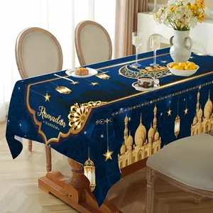 1pc Eid Mubarak Tablecloth - Blue & Golden Polyester Table Cover with Mosque, Lanterns & Stars Design for Ramadan Kareem, Eid al-Fitr & Eid Al Adha Celebrations, Islamic Muslim Party Decor, Islamic Celebration Decor | Festive Atmosphere | Durable Fabric