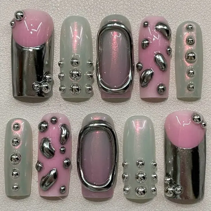 3D Chrome Aura Press On Nails, Pink Milky Aura Nails, Silver Liquid Metal Drops, Bubble Texture & Mirror French Tips, Y2K |FREE Adhesive Tabs  Nail File Cuticle Stick