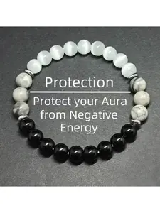 Moonstone & Black Tourmaline Protection Bracelet - Handmade Elastic Jewelry to Shield Aura, Spiritual Healing Gift for All on Holidays