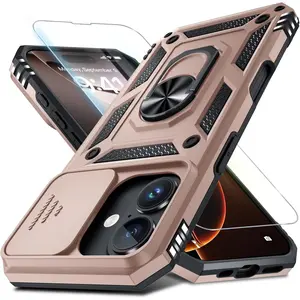 Janmitta Case for iPhone 16 Phone Cover Built in Slide Camera Lens Cover+Screen Protector,Heavy Duty Shockproof Full Body PhoneCase with Finger Ring Holder Kickstand,Rose Gold