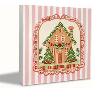 Pink Christmas Gingerbread House Wooden Box Sign, Preppy Christmas Table Decor, Xmas Tree House Striped Wood Box Block Sign for Home Office Desk Tabletop Shelf Decoration 5x5 Inch