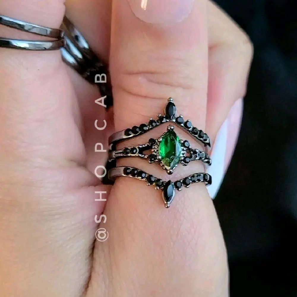 Green Marquise Gunmetal Ring Stack - 3 Piece Set