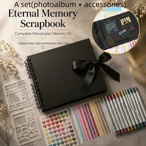 Eternal Memory Black Scrapbook Kit, Hardcover Spiral-Bound Photo Journal with Elegant Ribbon Closure, Complete DIY Memory Album Set for Couples, Weddings, Birthdays, and Travel Keepsakes