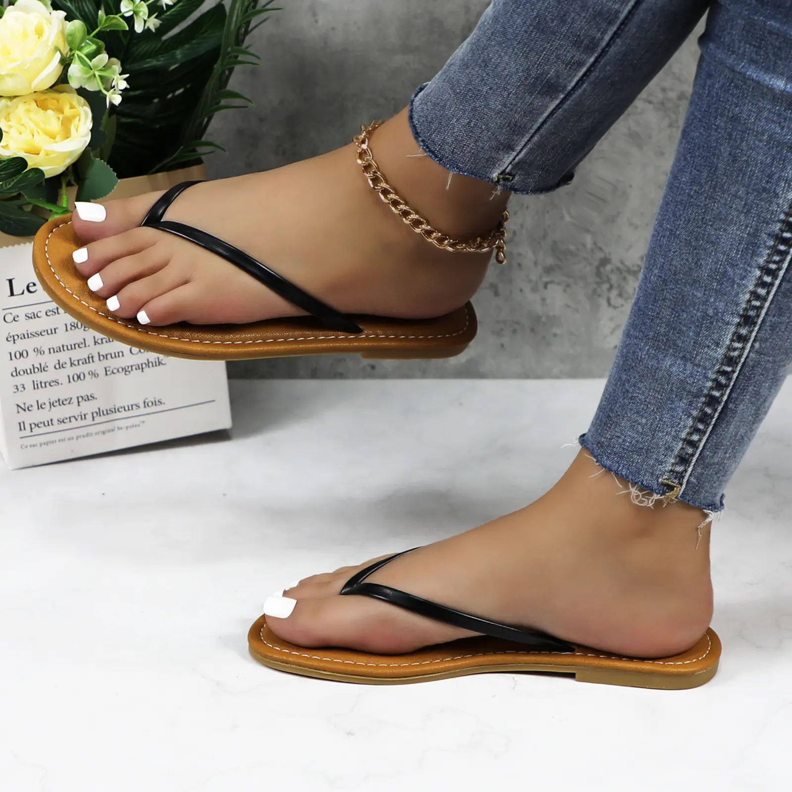 Women's Elegant Dressy Slip-On Sandals - Golden Braided Faux Leather Open-Toe Casual Comfy Breathable Summer Footwear for Beach, Pool