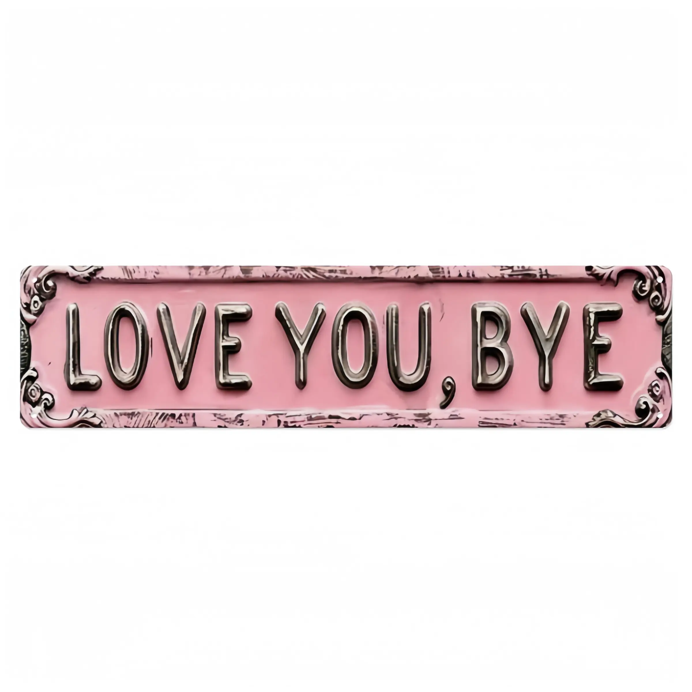Vintage Metal Wall Decor - Pink 'LOVE YOU, BYE' Words, Exquisite Frame, Heavy Iron Structure, 15.7x3.9inch, Indoor/Outdoor, Home, Man Cave, Wedding, Valentine's Day Gift, Pre-Drilled, Easy Install