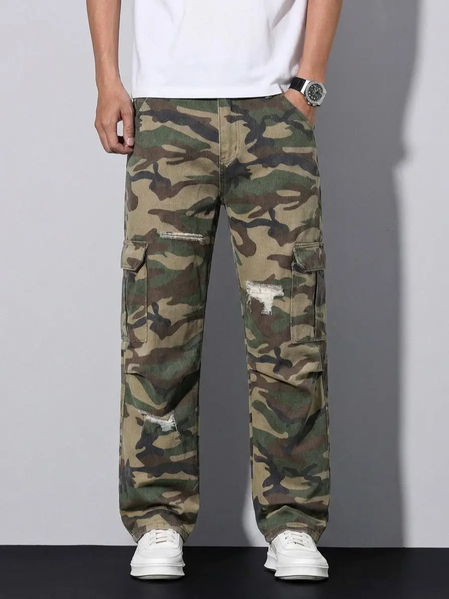 Men's Vintage Camouflage Cargo Denim Jeans - Regular Loose Straight Leg, Distressed Multi-Pocket Utility Military Style, Comfortable Y2K Streetwear for Halloween, Christmas, Thanksgiving, Easter