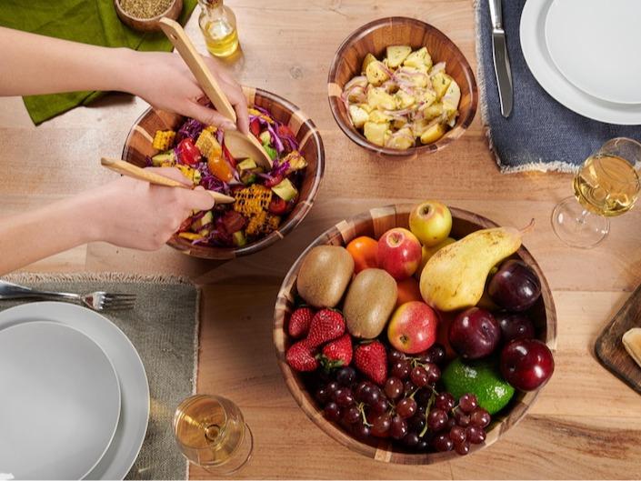 Wavy Wooden Salad Bowl Set (3 pc) 12″-10″-8″ | Hand-Carved Acacia Serving & Mixing Bowls for Salad, Fruit and More | Woodenhouse