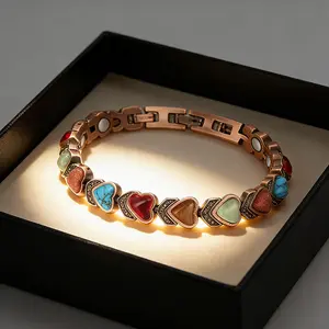 Trendy Heart Design Copper Magnetic Bracelet with Natural Gemstones – Adjustable Bohemian Jewelry for Women, Therapy Accessory for Energy Balance & Perfect Gift