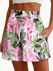 Women's Tropical Floral Print Shorts, Faux Drawstring Vacation Style, Dual Pocket Design, Summer Casual Wear, Beach Clothing