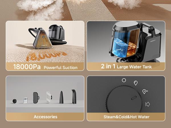 Uwant Steam Portable Carpet Cleaner , 18Kpa Powerful  Spot Cleaner Machine, Upholstery & Sofa Cleaner for Home，Car and Auto Detailer，Pet Stain Remover，Steam Vacuum
