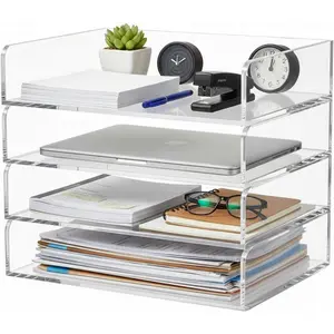 4 Tier Paper Organizer Letter Tray Acrylic Desk File Organizer Heavy Duty Stackable Clear Letter Paper Holder Sorter Office Tray for A4 Documents Office Classroom Home File Pad Notebooks