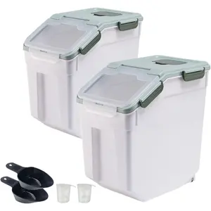 Rice Container 25 lbs, 2 Packs Large Flour Containers with Seal Locking Lid & Wheels, BPA Free Rice Dispenser, Measuring Cup| Scoop, for Sugar Cereal Dry Food, Dog Pet Food Bin -Green