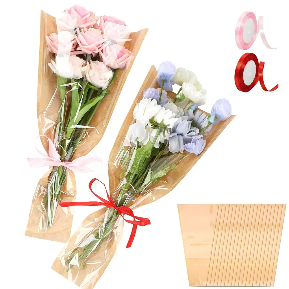 50 Packs 9.45x17.72x3.54 Inches Flower Wrapping Bags & 2Pcs Ribbons Kit, Kraft Paper Flower Sleeves for Bouquets Flower Bags for Birthday Wedding Graduation Gift, Florist Wrap Supplies