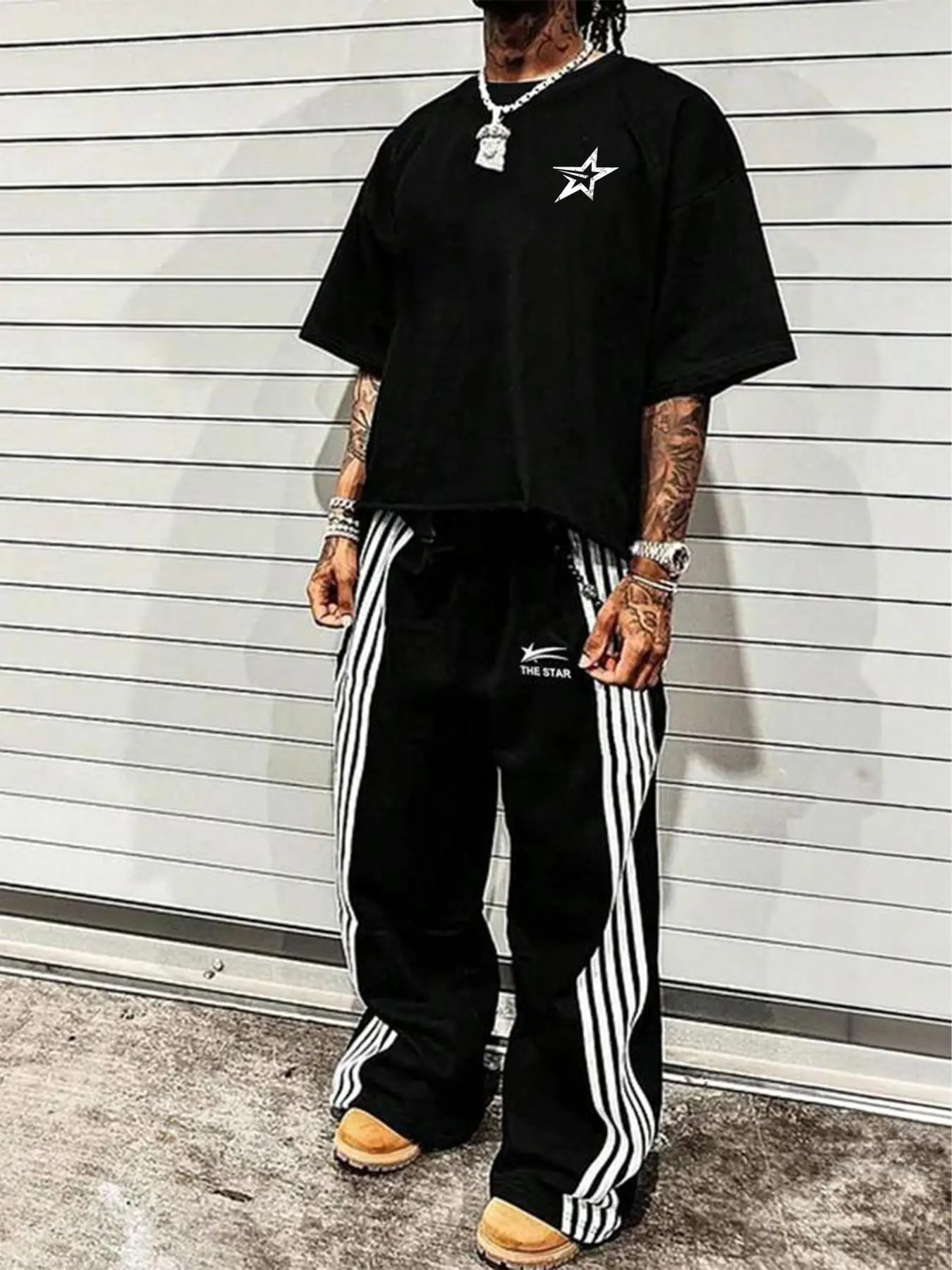 This men's two-piece Matching set includes a star-patterned T-shirt and trousers adorned with letters and stars. Made from a knit fabric, it's suitable for Casual everyday wear and can be worn year-round, Casual Matching Sets, Streetwear