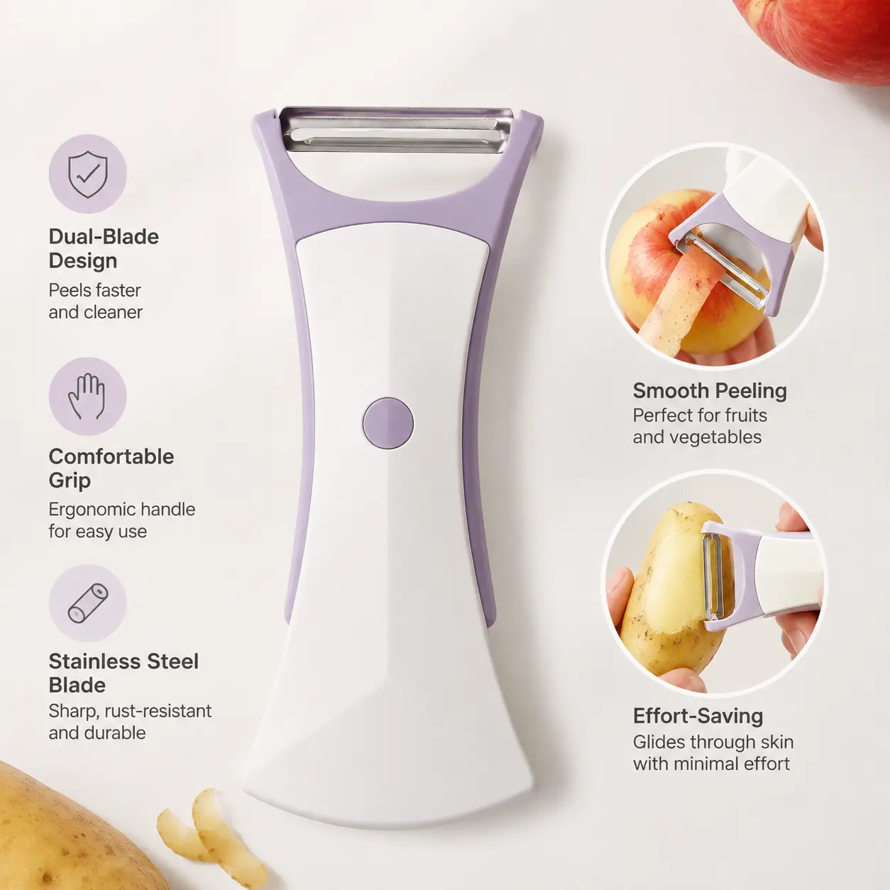1 Count Dual-head Peeler, Purple, with Stainless Steel Blade, Dual Scrape and Peel Function for Daily Kitchen Fruit Vegetable Preparation