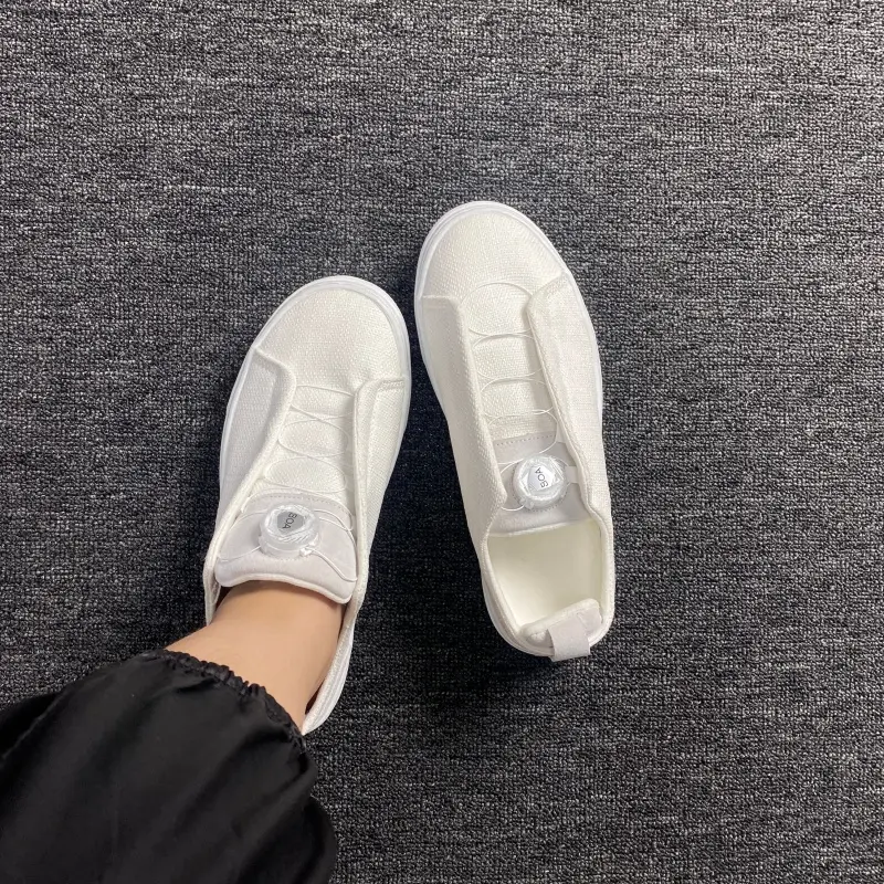 Large-size pure white linen casual board shoes, wide-toe BOA knob one-step slip-on shoes for men and women, canvas shoes
