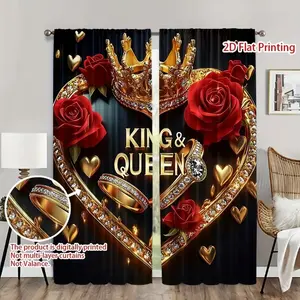 Diamond Crown Rose Print Curtains Set, Home Decoration Curtain, Fashionable Rod Pocket Window Drapes for Bedroom & Living Room, Comfortable Atmosphere, Easy Installation