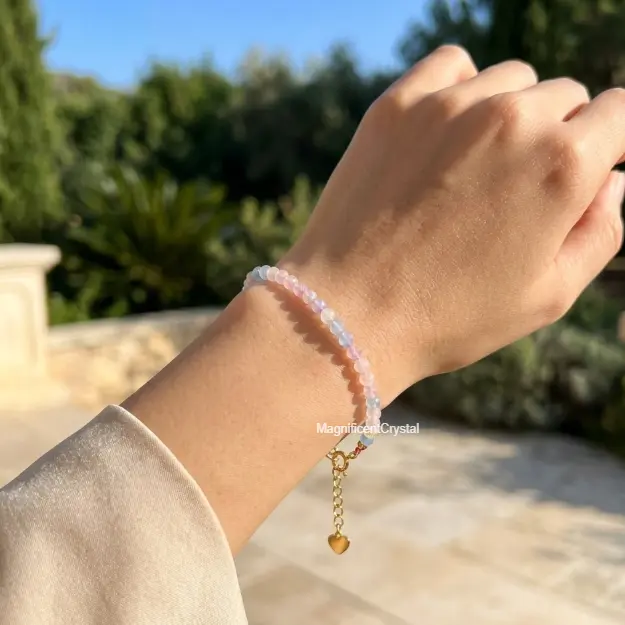 Women's Premium 3mm Faceted Morganite Beads Bracelet - Healing Crystal Colored Gemstone Bangle, Ideal for Everyday Wear, Female Mother’s Day & Anniversary Gift