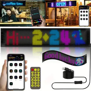 Programmable scrolling LED sign, 59.5 cm x 12 cm, USB flexible digital signage, app control, DIY editor for text, patterns, and animations, suitable for cars, stores, schools, and hotels.