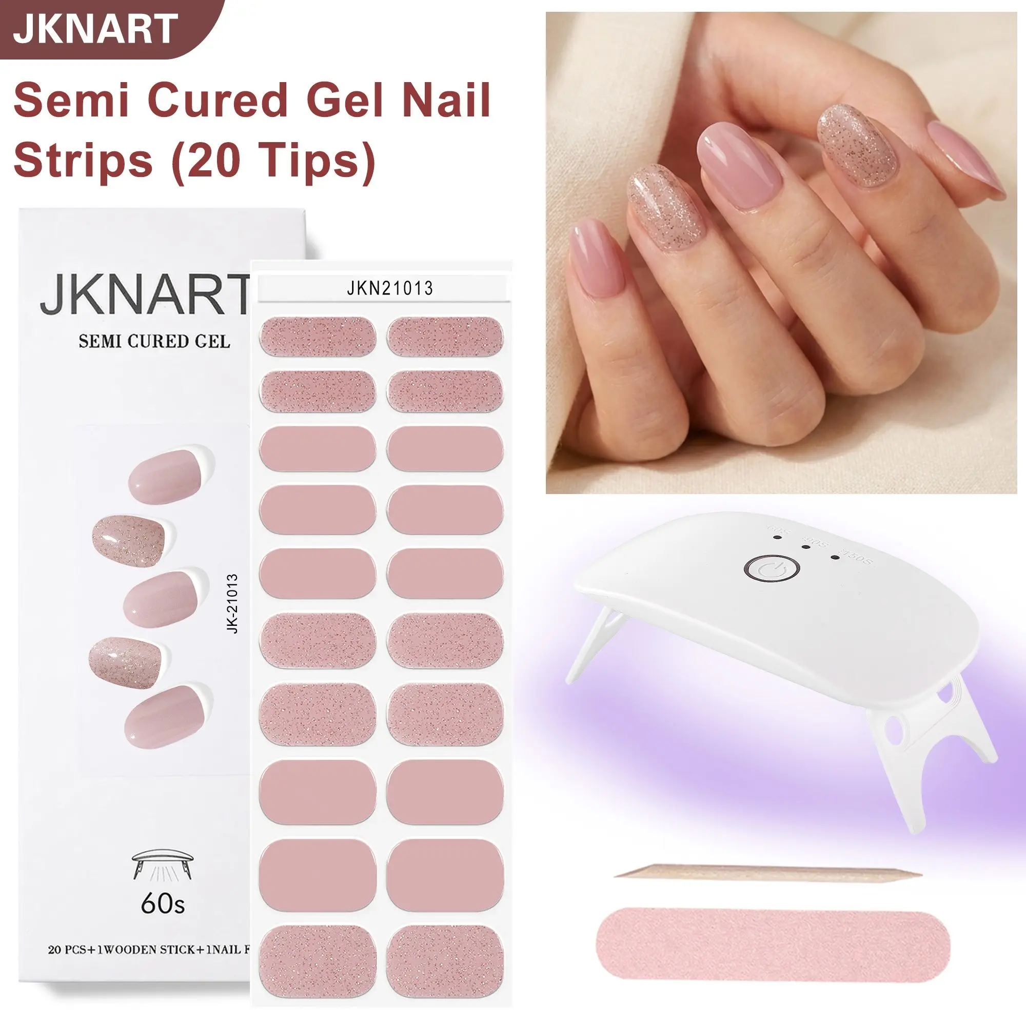 DIY Nail Art Kit, 20 Semi-Cured Gel Stickers + Portable UV Lamp, Home Use, Requires UV/LED Light, Soft Gel Nails Decorations, Soft Gel Strips, Nail Design