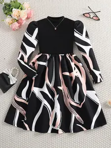Girl's Random Print Puff Sleeve High Waist A Line Dress, Elegant Long Sleeve Mock Neck Midi Length Midi Dress for Party Holiday Wedding Guest, Kids Clothes for Fall & Winter