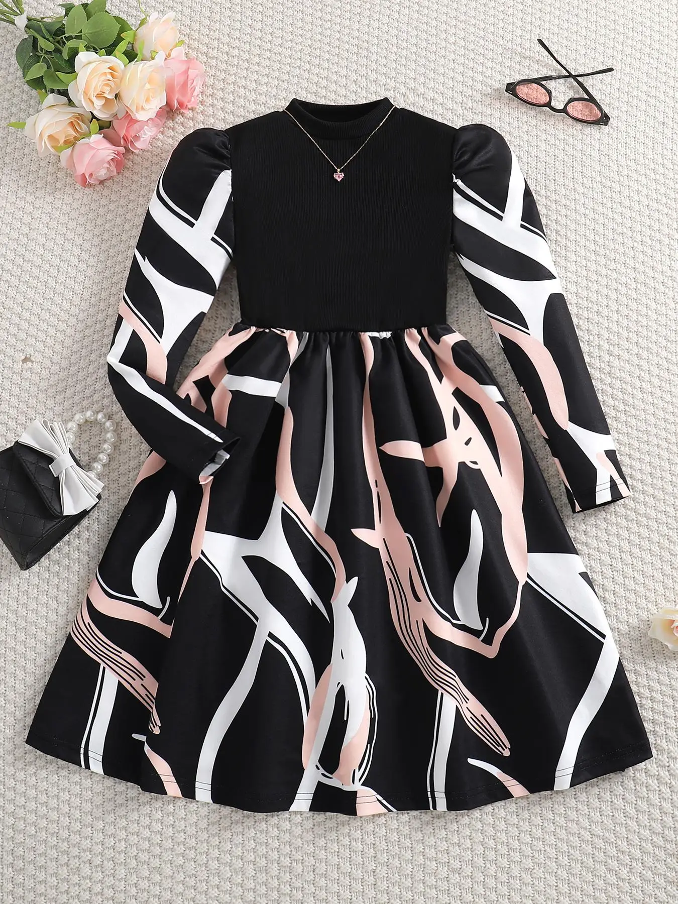 Girl's Random Print Puff Sleeve A Line Dress, Elegant Long Sleeve Mock Neck Midi Dress for Party Holiday Wedding Guest, Kids Clothes for Fall & Winter