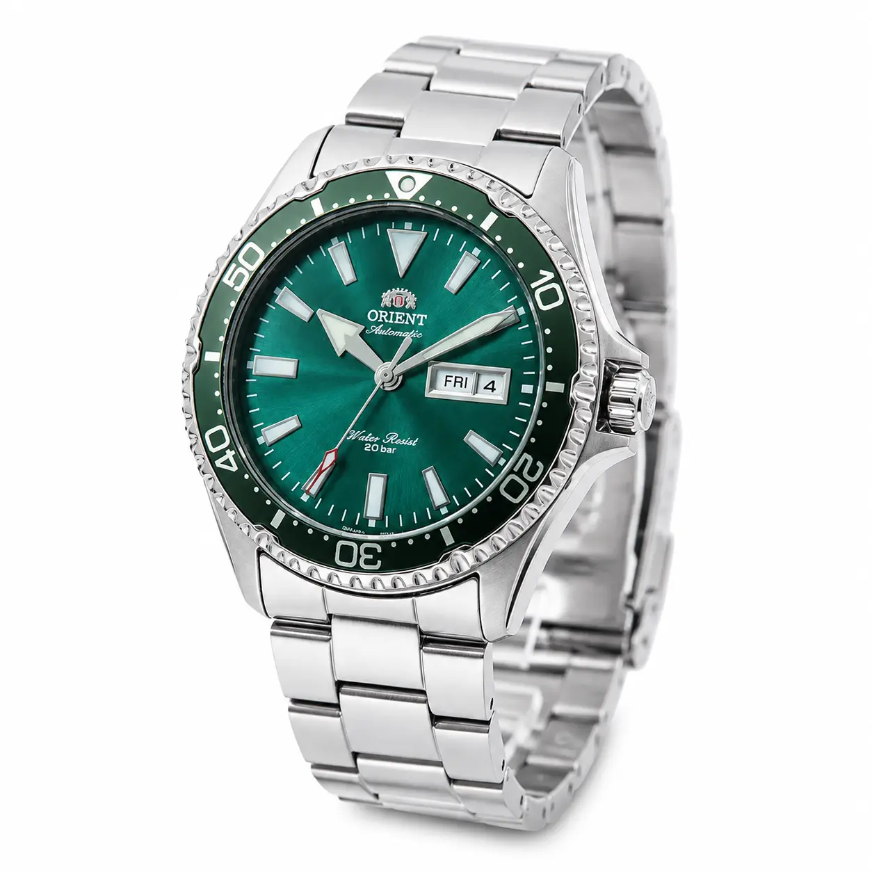 Orient Mako-III Men's Automatic Mechanical Round Face Wrist Watch - Male Wear, Vivid Forest-Green Glowing Dial, Green Rotating Bezel, Day-Date Show, 20-Bar Water Resistance, Stainless Steel Strap, Birthday Gift Ideas