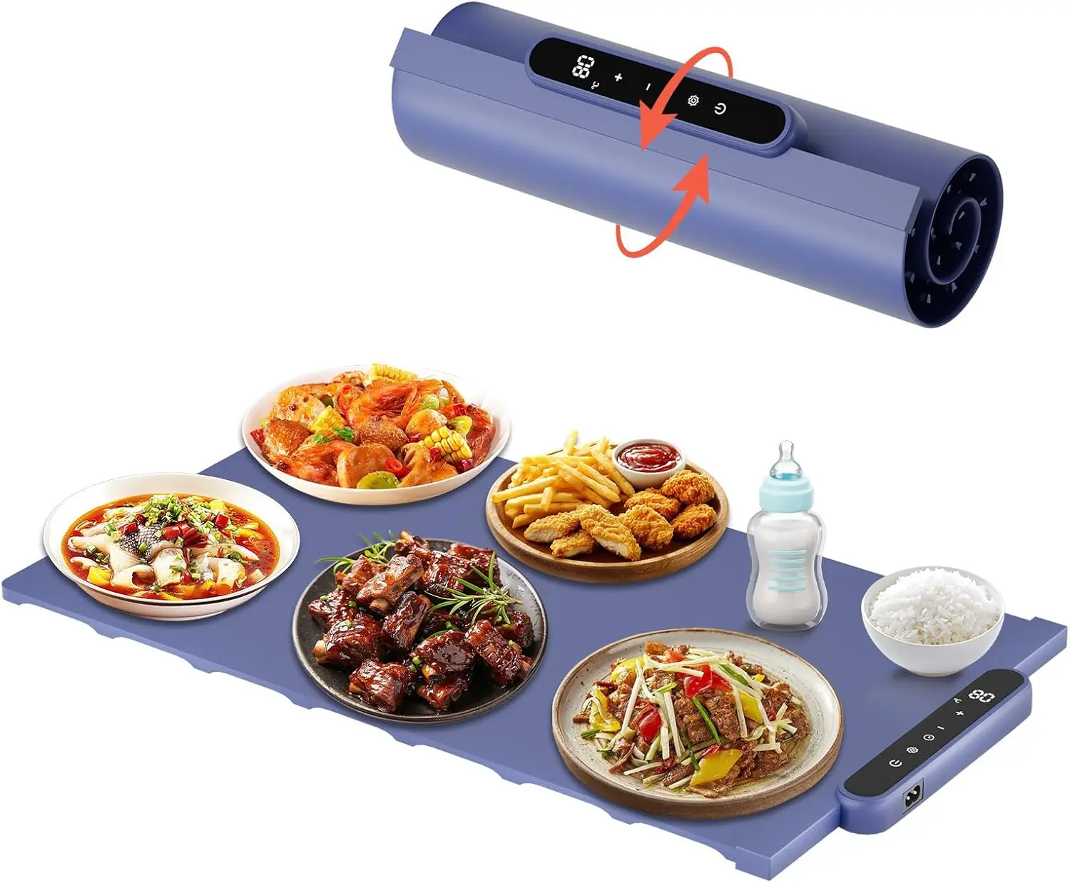 Warming Mat -  Heating  Electric Warming Tray with 10 Level Temperature &  Clock, Roll Up Buffet Hot Plates Heat Pad, Portable  Warmer for Buffet, Party, Daily Use (Blue)
