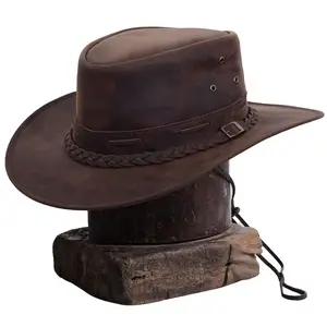 Rustic Leather Cowboy Hat for Men & Women – Genuine Distressed Leather Western Hat with Shapeable Brim, Braided Leather Band