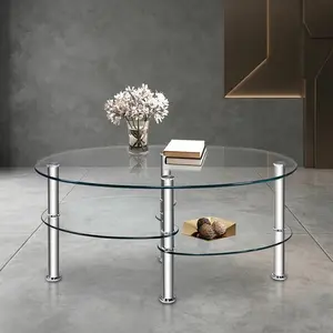 Tempered Glass Oval Coffee Table with Double Storage Shelves, Modern Metal Frame Side End Table, Irregular Silver Accent Table for Living Room Home Decor