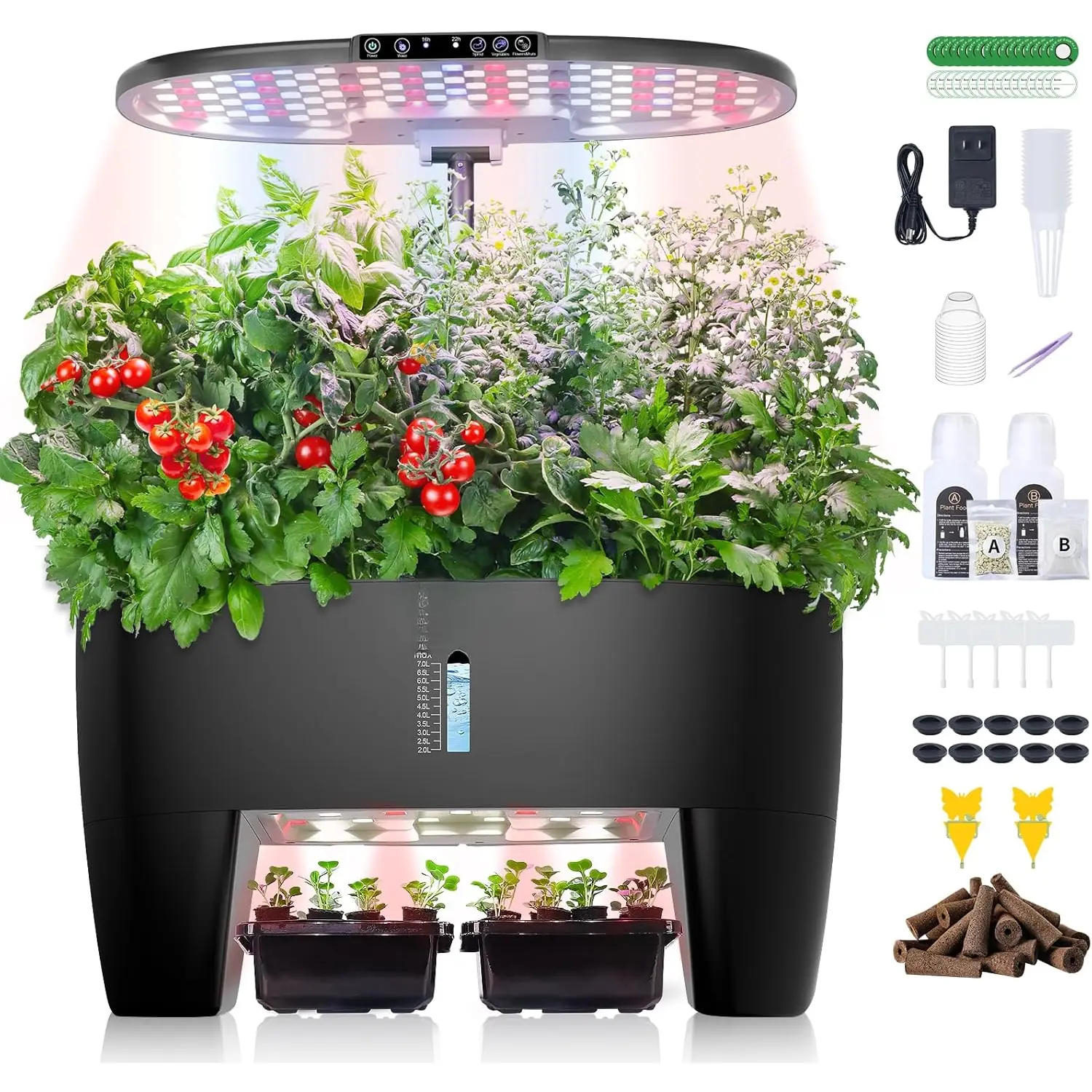 16-Pod Hydroponic Growing System Kit - Adjustable Self-Watering Synthetic Indoor Gardening Planter with Sprout Mode for Seedling Boost, 24W Sunlight-Mimicking LED Lights Panel, Ideal for Home/Busy Moms (Black), 16 Pods