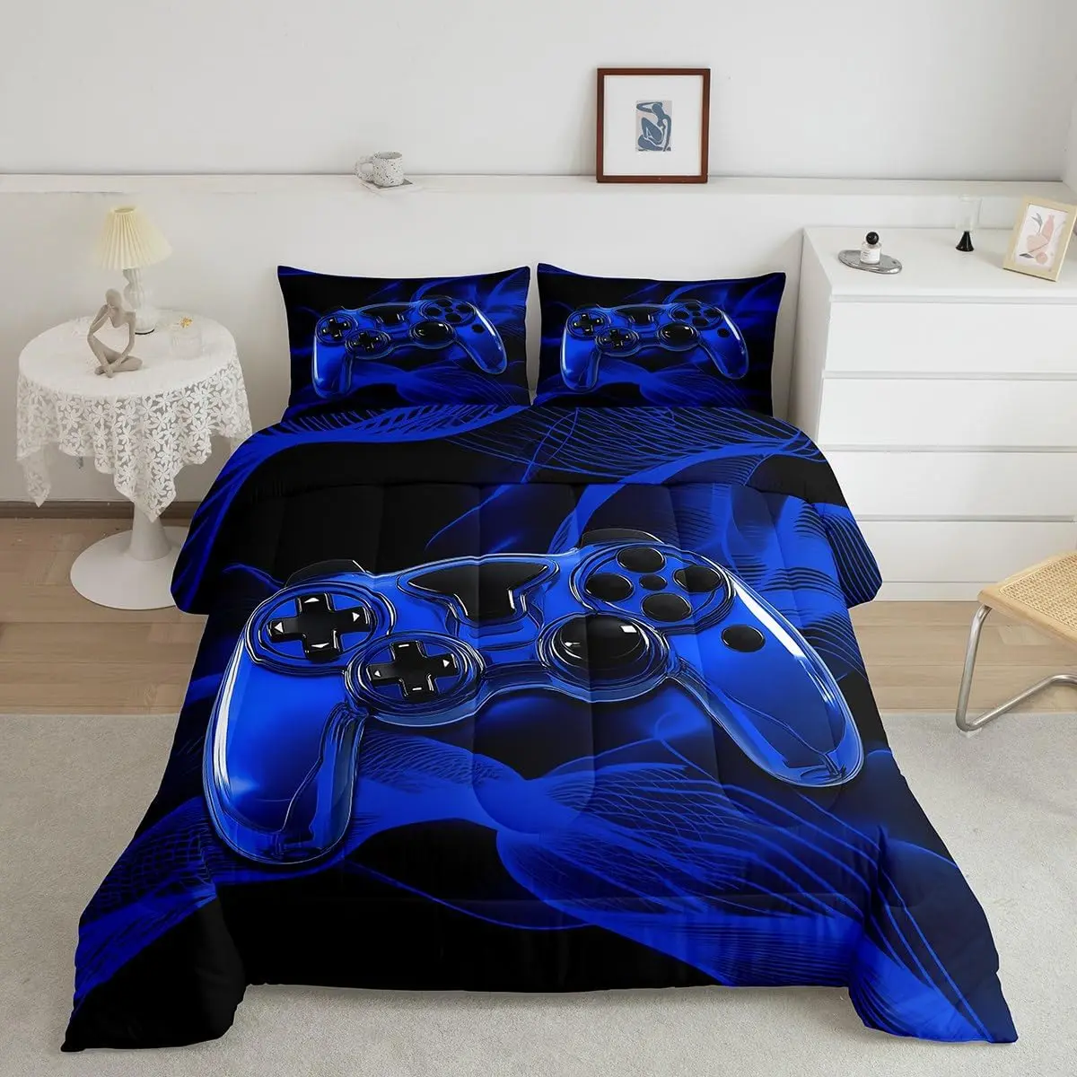 Feelyou Blue Digital Print Gamers Theme Duvet Set, Multi-Size Machine Washable Bedroom Bedding Set, Ideal Gift for Gamers, Bed Comforter Sets