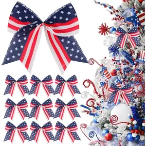 12 Pcs 6 Inch Patriotic Tree Bows Decorations, Red Blue White Ornaments for Tree Front Door, Perfect for 4th of July Independence Day Memorial Day Veteran's Day Outdoor Holiday Decor