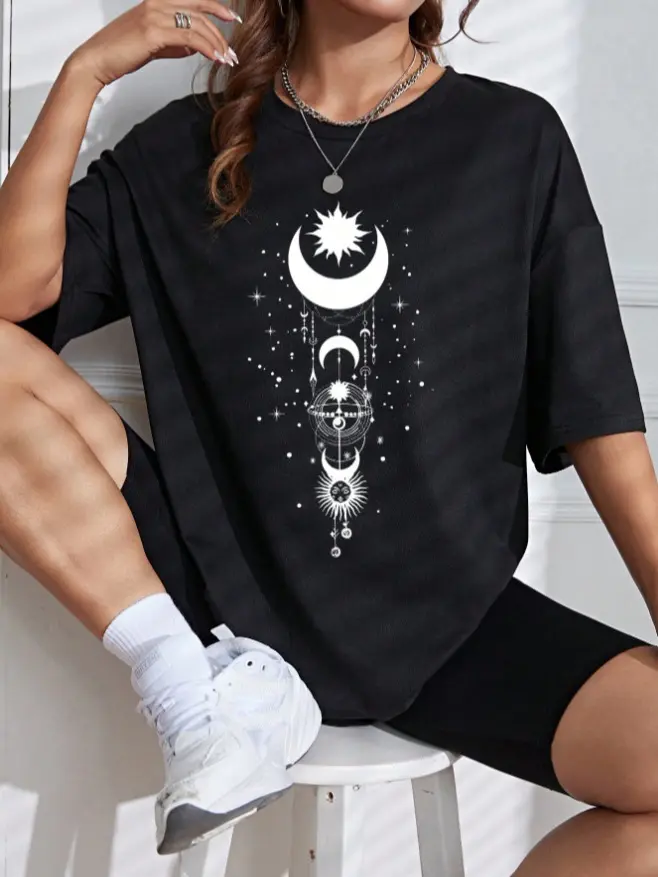 Women Soft Cotton Oversized T‑Shirt Sun Moon Dreamcatcher Celestial Star Print Loose Short Sleeve Mystic Graphic Tee